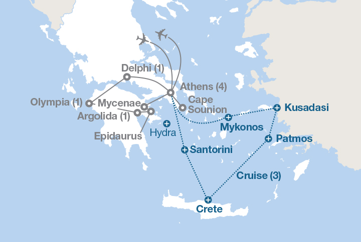 Image displaying map describing the itinerary of the Grecian Odyssey tour