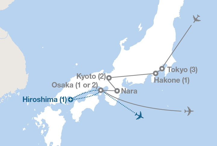 Image displaying map describing the itinerary of the Japan: Land of the Rising Sun tour