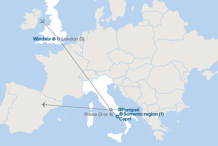 Image displaying map describing the itinerary of the London and Rome tour