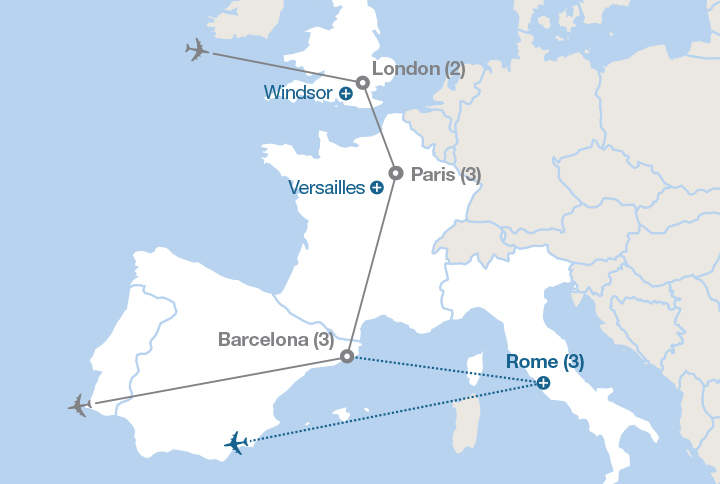Image displaying map describing the itinerary of the London, Paris and Barcelona tour