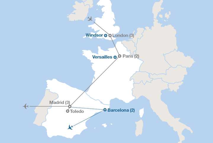 Image displaying map describing the itinerary of the London, Paris and Madrid tour