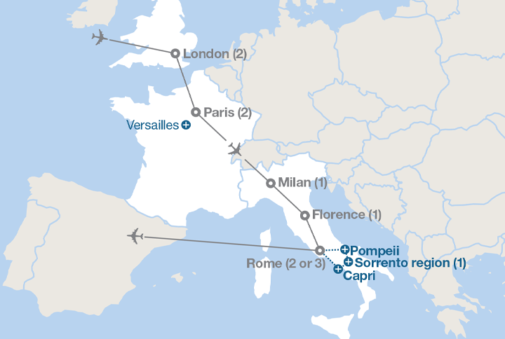 Image displaying map describing the itinerary of the London, Paris, Florence, and Rome tour