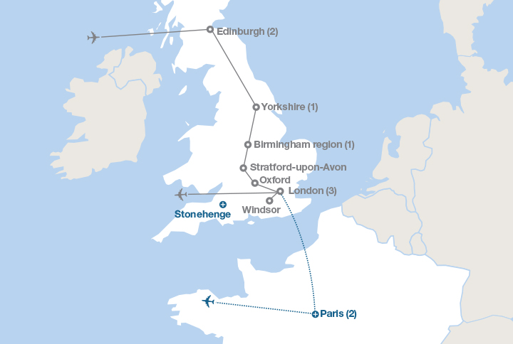 Image displaying map describing the itinerary of the England and Scotland tour