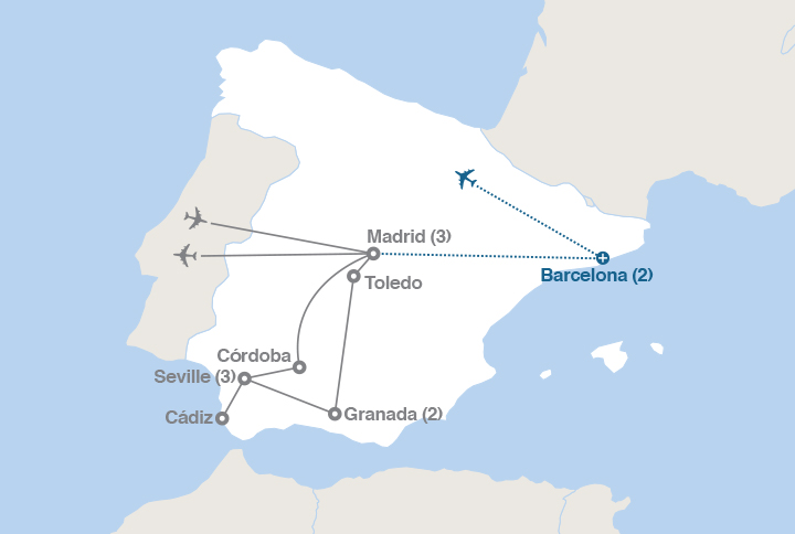 Image displaying map describing the itinerary of the Madrid and Andalusia tour