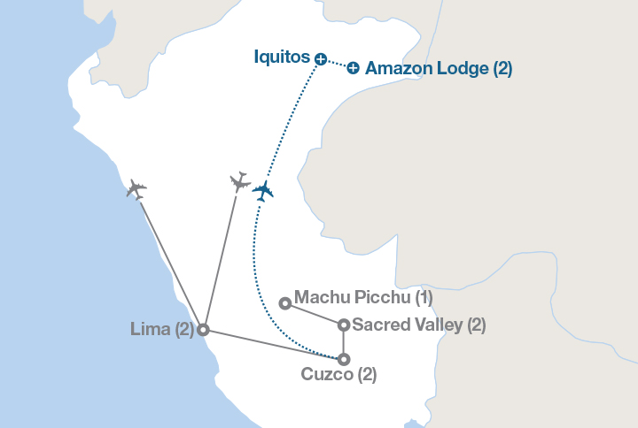 Image displaying map describing the itinerary of the Peru: Land of the Inca tour