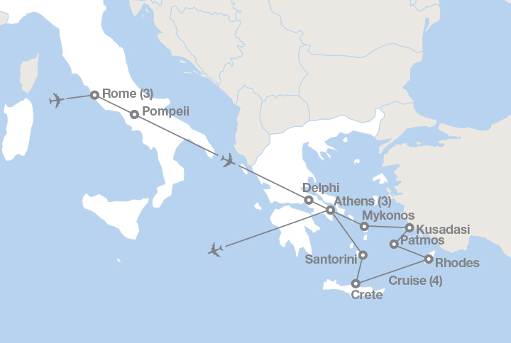 Image displaying map describing the itinerary of the Rome, Athens & the Greek Isles tour