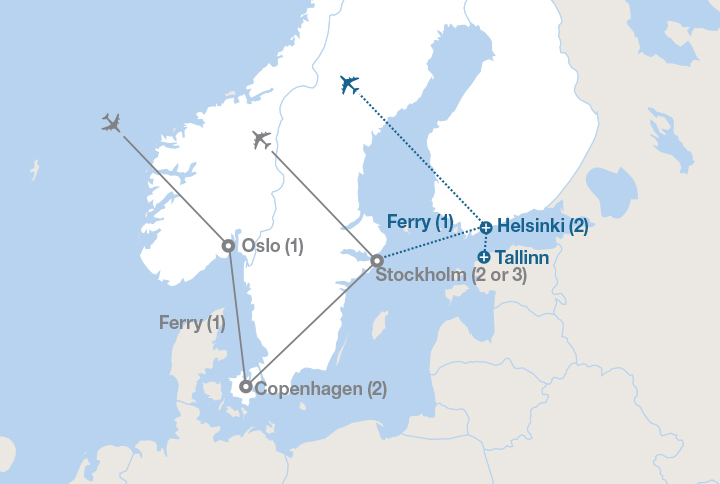 Image displaying map describing the itinerary of the Capitals of Scandinavia tour