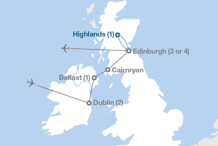 Image displaying map describing the itinerary of the Scotland and Ireland tour