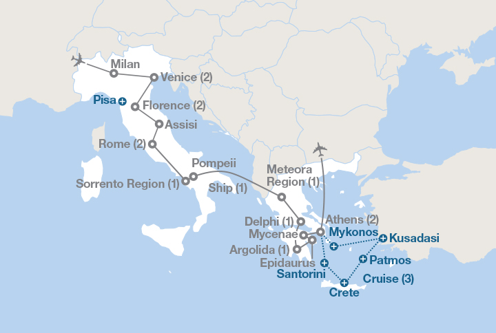 Image displaying map describing the itinerary of the Splendors of the Mediterranean tour