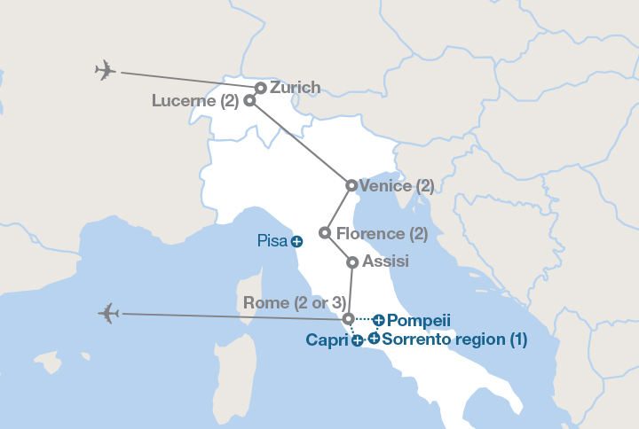 Image displaying map describing the itinerary of the Switzerland and Italy tour