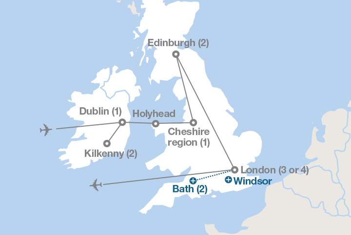 Image displaying map describing the itinerary of the Ireland, Scotland and England tour