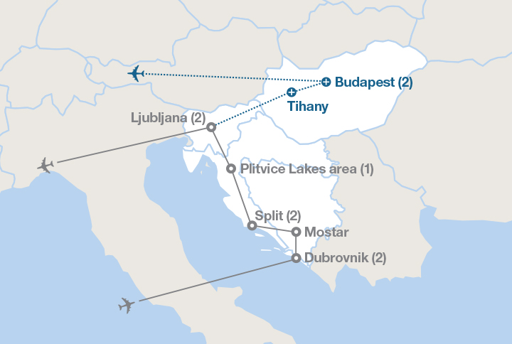 Image displaying map describing the itinerary of the Treasures of Eastern Europe tour