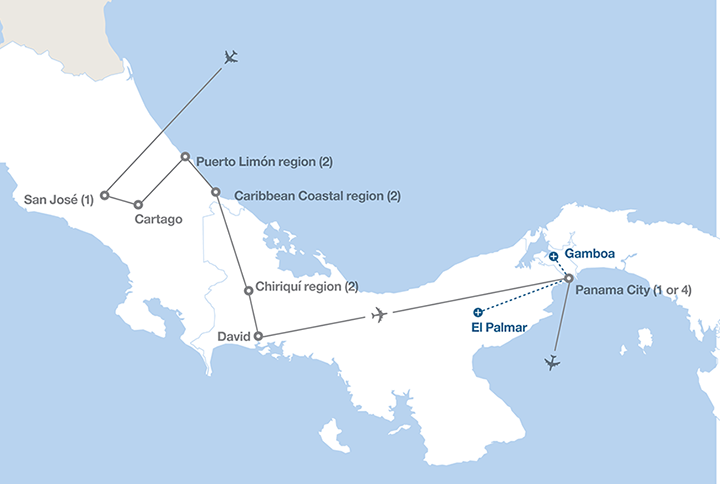 Image displaying map describing the itinerary of the Costa Rica to Panama: The Coastal Caribbean Experience tour