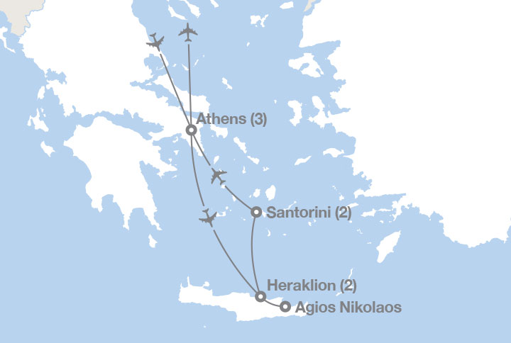 Image displaying map describing the itinerary of the Athens, Crete & Santorini tour