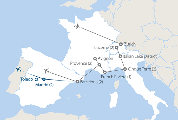 Image displaying map describing the itinerary of the The Alps & The Mediterranean Coast tour