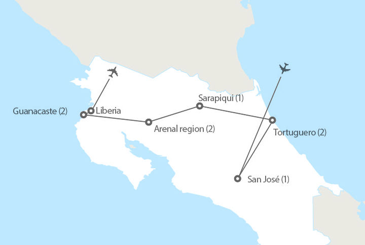 Image displaying map describing the itinerary of the Adventure in Costa Rica tour
