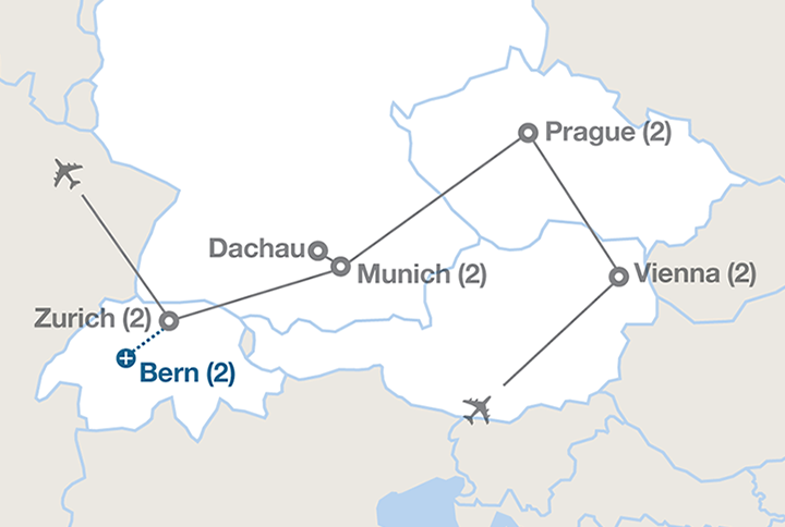 Image displaying map describing the itinerary of the Central European Quartet tour