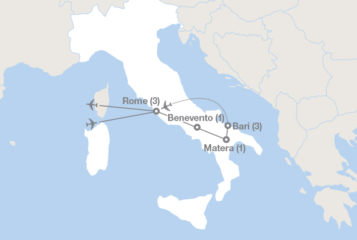 Image displaying map describing the itinerary of the Cuisine & Culture in Southern Italy tour