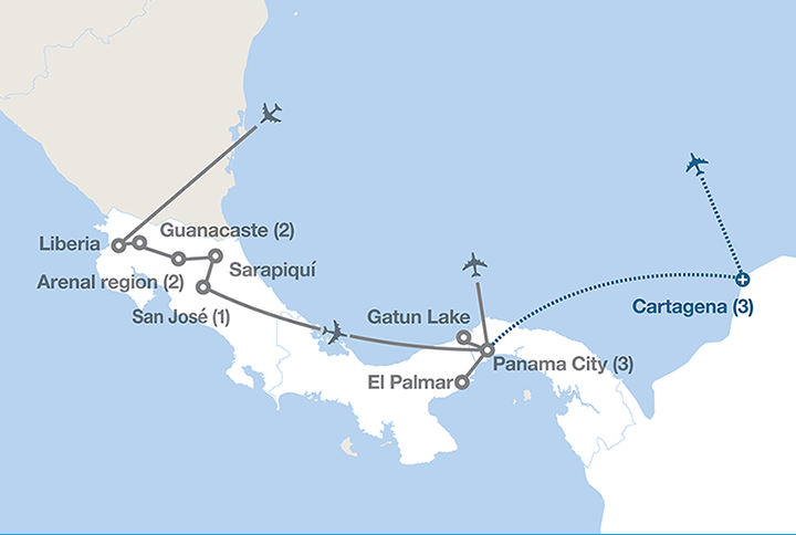 Image displaying map describing the itinerary of the Costa Rica and Panama tour