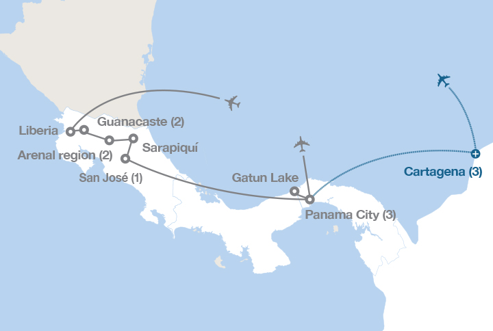 Image displaying map describing the itinerary of the Costa Rica and Panama tour