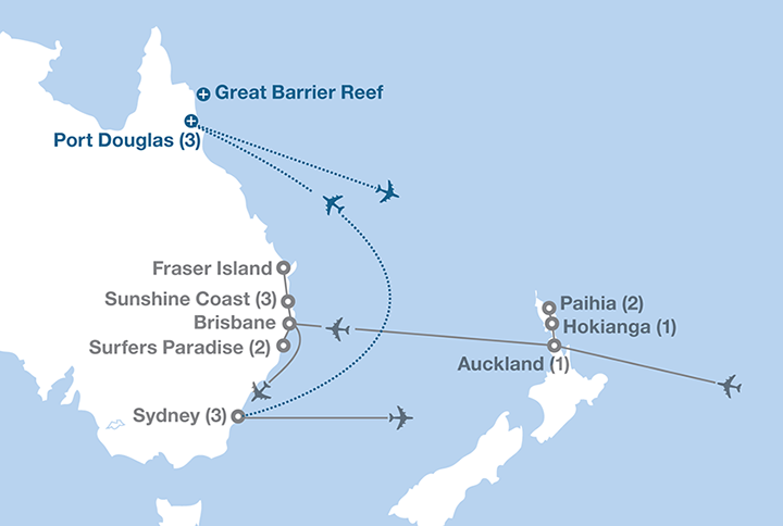 Image displaying map describing the itinerary of the Expedition to Australia & New Zealand tour