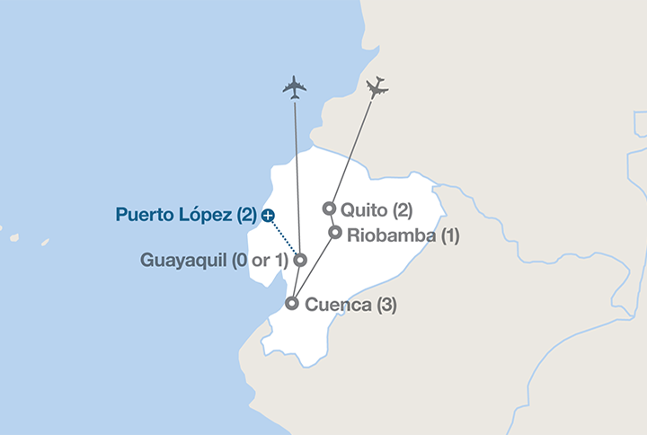 Image displaying map describing the itinerary of the Experience Ecuador tour