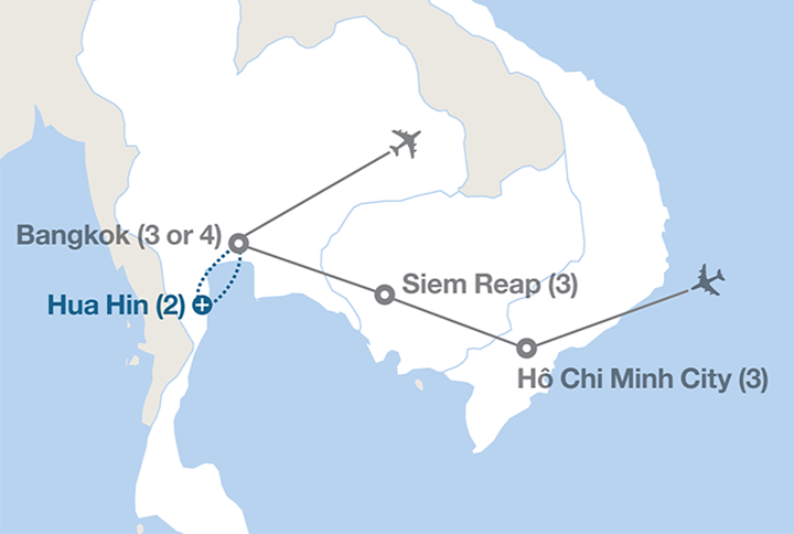 Image displaying map describing the itinerary of the Thailand, Cambodia & Vietnam tour
