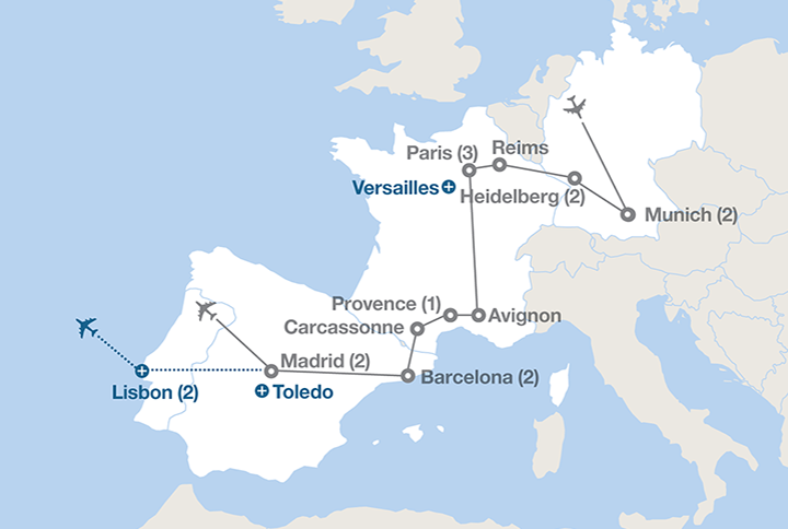 Image displaying map describing the itinerary of the Germany, France and Spain tour