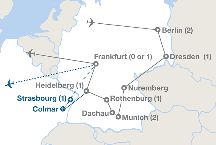 Image displaying map describing the itinerary of the Germany in Depth tour