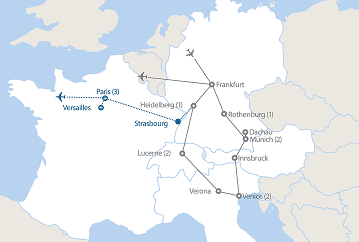 Image displaying map describing the itinerary of the Germany, Italy and Switzerland tour