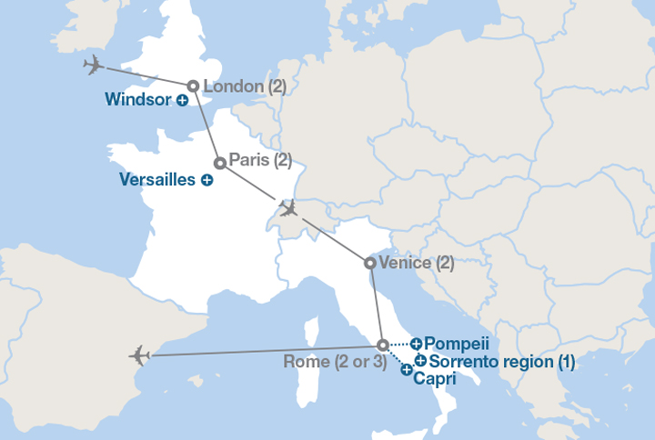 Image displaying map describing the itinerary of the London, Paris, Venice and Rome tour