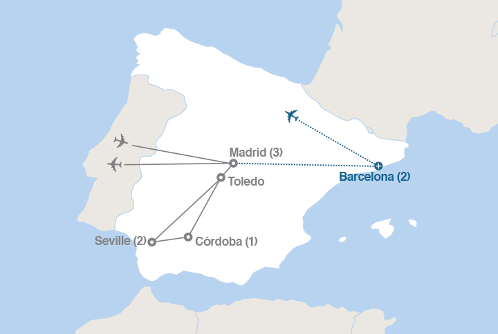 Image displaying map describing the itinerary of the Madrid, Córdoba and Seville tour