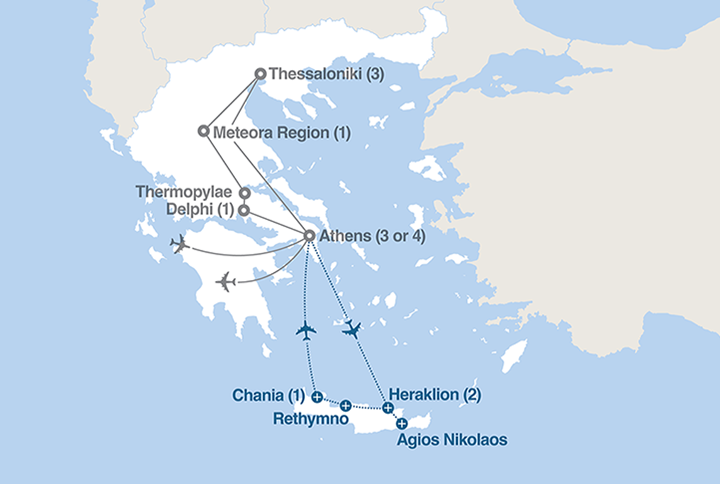 Image displaying map describing the itinerary of the Epic Greece tour