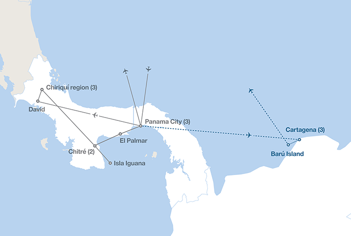 Image displaying map describing the itinerary of the Adventure in Panama tour