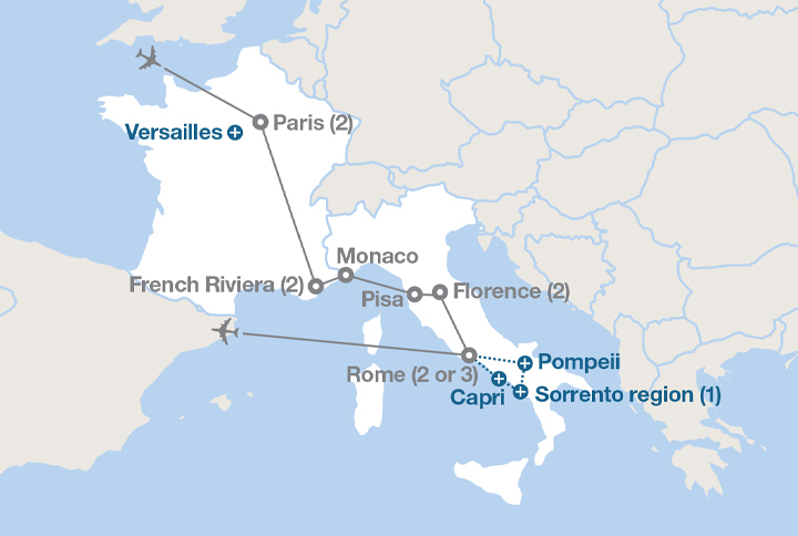 Image displaying map describing the itinerary of the Paris, The Riviera and Rome tour