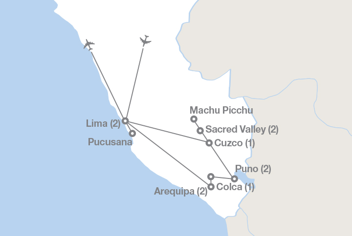 Image displaying map describing the itinerary of the Heights of Peru tour