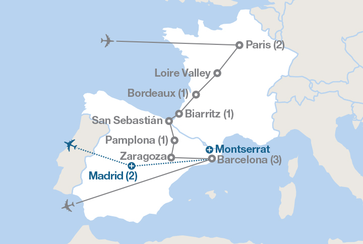 Image displaying map describing the itinerary of the Paris to the Pyrenees tour