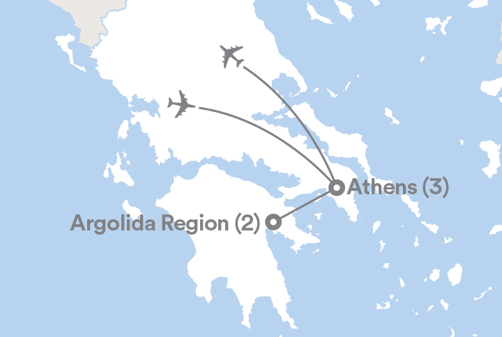Image displaying map describing the itinerary of the Athens & Argolida tour