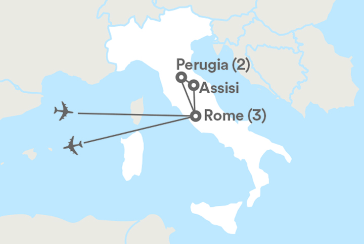 Image displaying map describing the itinerary of the Rome & Perugia tour