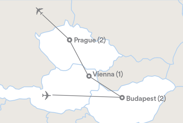 Image displaying map describing the itinerary of the Budapest, Vienna & Prague tour
