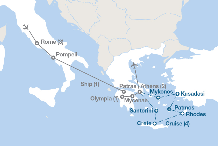 Image displaying map describing the itinerary of the From Rome to Athens (R) tour