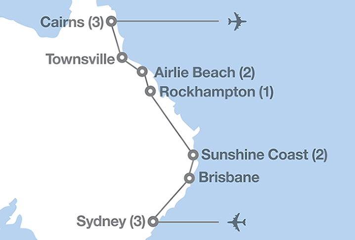 Image displaying map describing the itinerary of the Sydney to the Great Barrier Reef tour