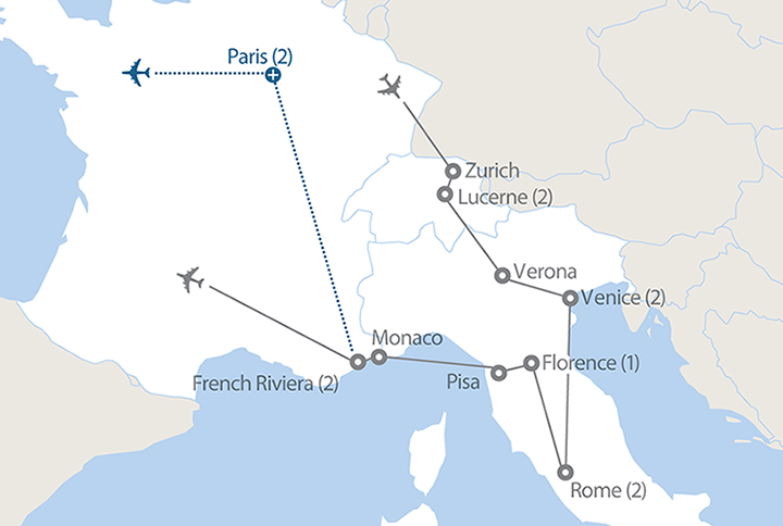 Image displaying map describing the itinerary of the Switzerland, Italy and France (R) tour