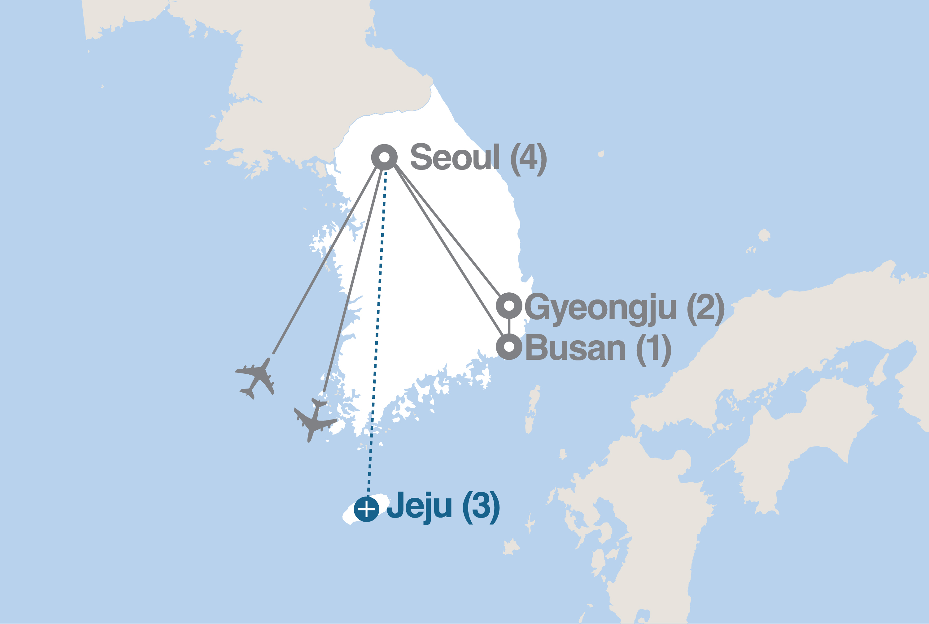 Image displaying map describing the itinerary of the Discover South Korea tour