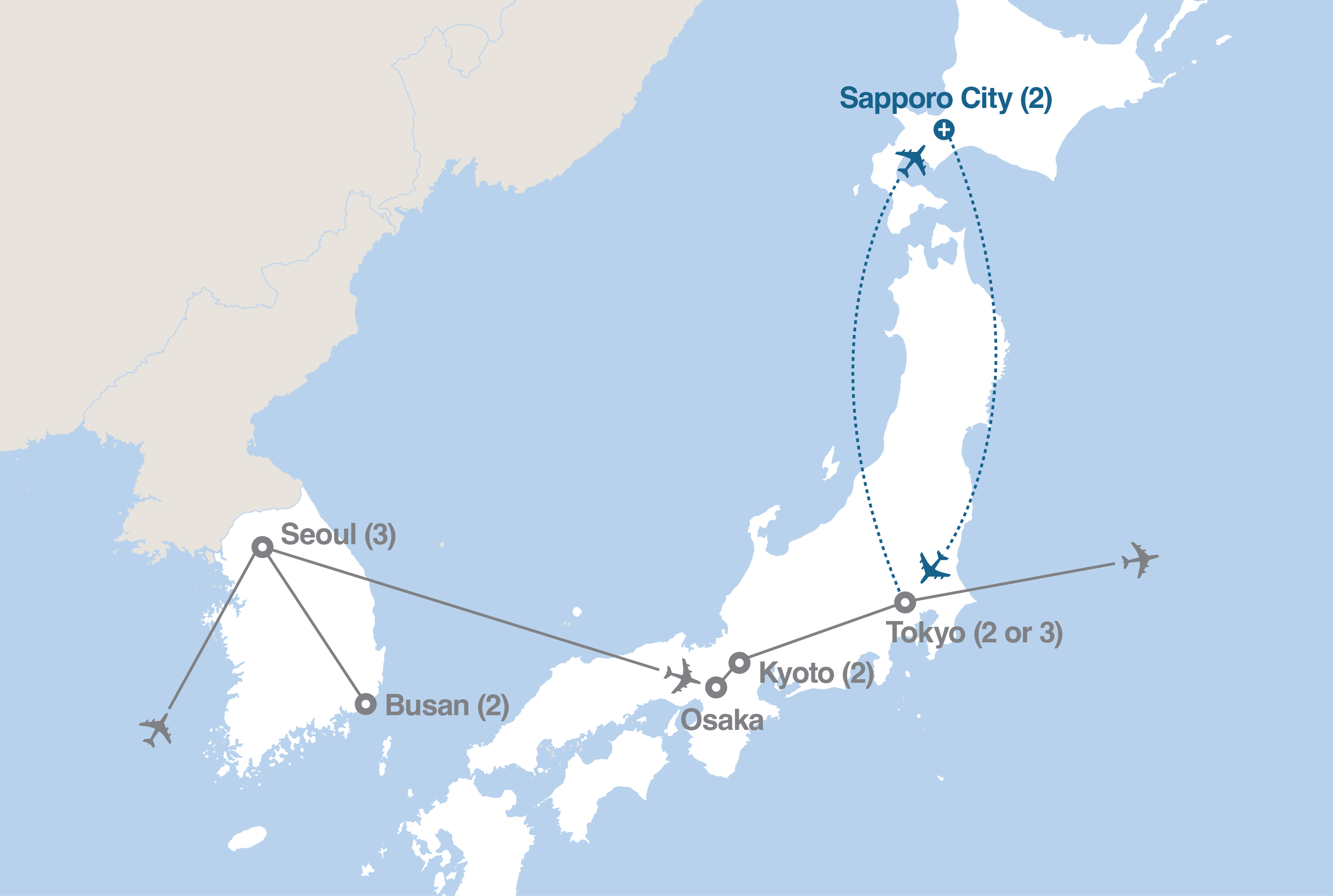 Image displaying map describing the itinerary of the South Korea & Japan tour