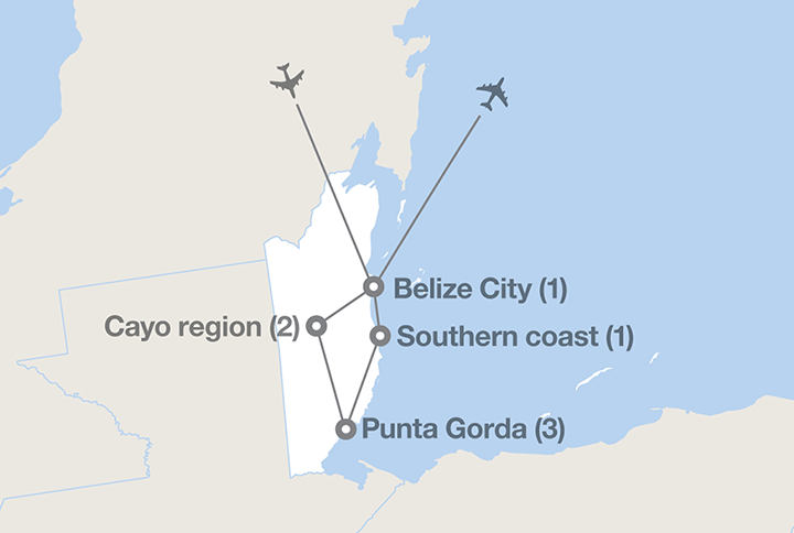 Image displaying map describing the itinerary of the Belize: Conservation From Ridge to Reef tour