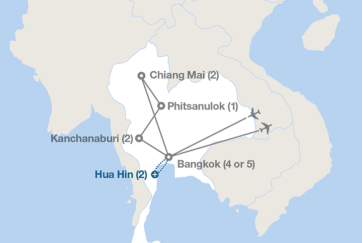 Image displaying map describing the itinerary of the Treasures of Thailand tour