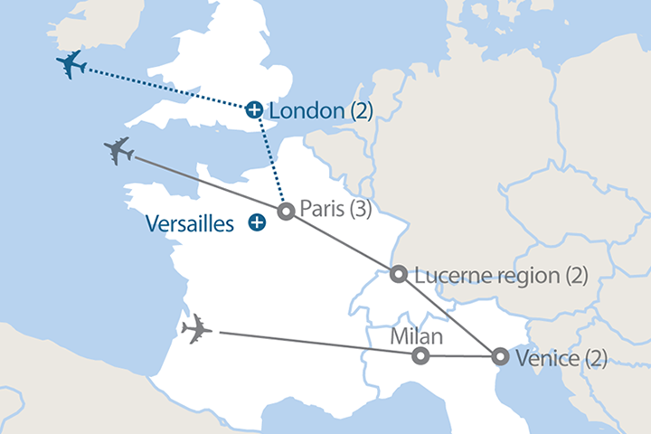 Image displaying map describing the itinerary of the Venice, The Alps & Paris tour