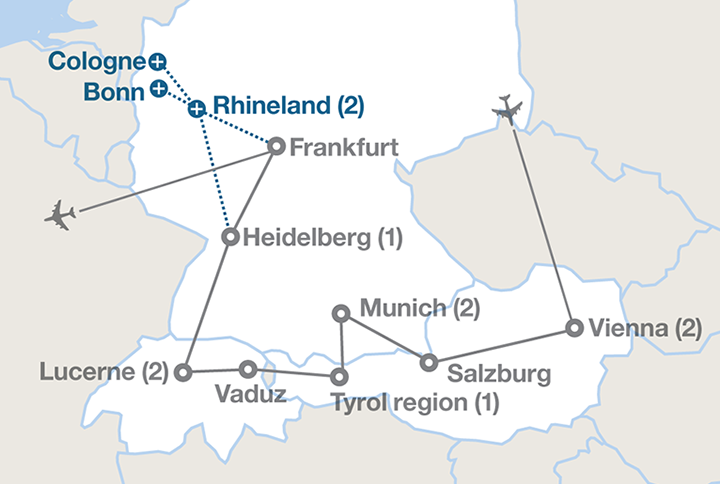 Image displaying map describing the itinerary of the Austria, Germany & Switzerland tour