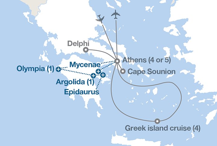 Image displaying map describing the itinerary of the Athens and The Islands tour